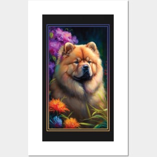 Chow Chow Dog Vibrant Tropical Flower Tall Digital Oil Painting Portrait 2 Posters and Art